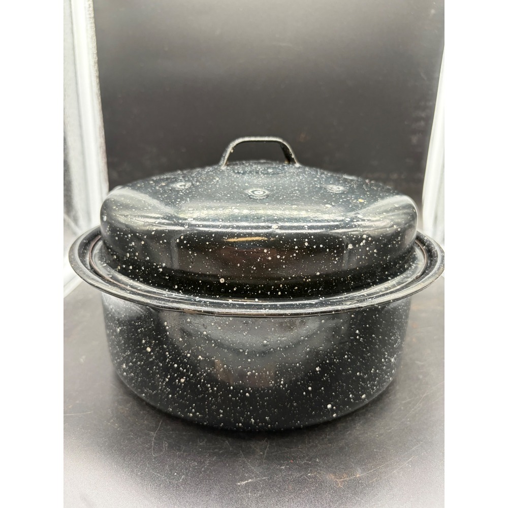 Vintage Black Speckled Enamelware Round Roasting Pan with Self Basting Lid